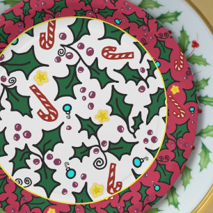 Prato De Papel Padrão Artístico de Azevinho de Natal Festa