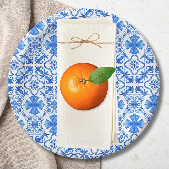 Prato De Papel Padrão Azulejo de Azulejos Azul e Branco do Medite (Blue and White Tiles Pattern Paper Plate | Little Cutie is on the Way | That's Amore | Citrus)