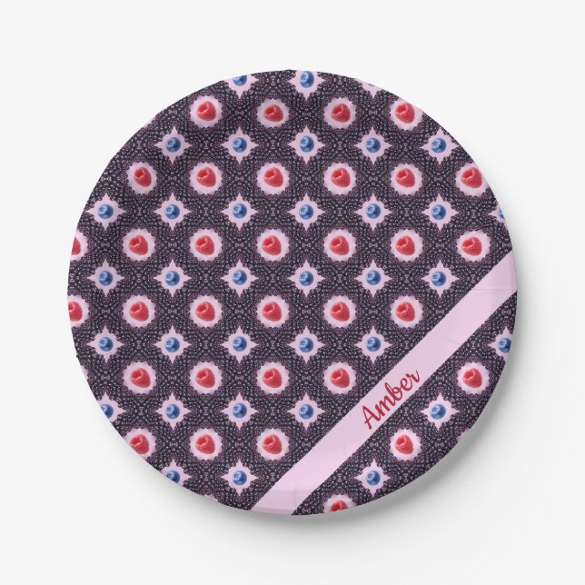 Prato De Papel Padrão Berry Bliss com nome personalizado (Frente)