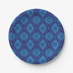 Prato De Papel Padrão Boêmiano do Damasco Floral de Flor Azul