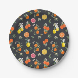 Prato De Papel Padrão Botânico de Laranja e Limão Escuro