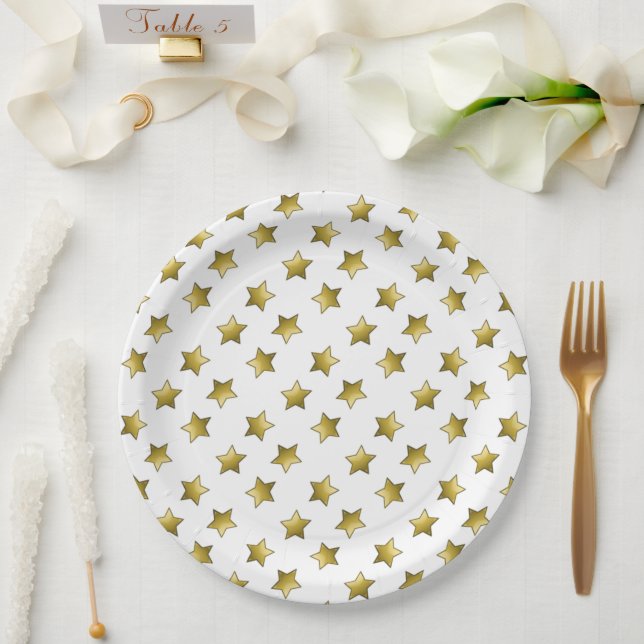 Prato De Papel Padrão branco das estrelas douradas Elegantes (Casamento)