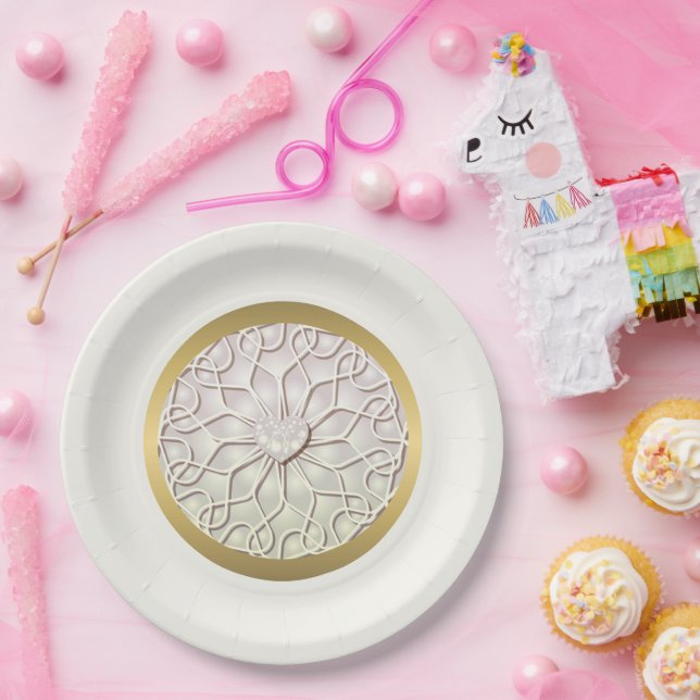 Prato De Papel Padrão cardíaco do Rosa Dourado LOVE geométrico (Festa)