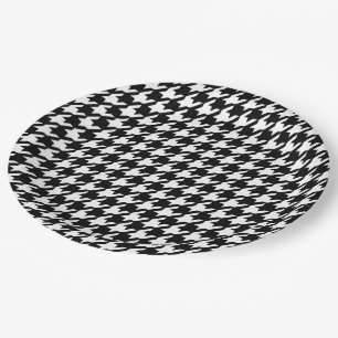 Prato De Papel Padrão clássico de houndstooth preto e branco