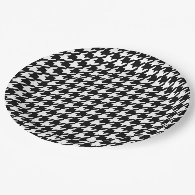 Prato De Papel Padrão clássico de houndstooth preto e branco (Inclinado)