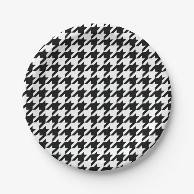 Prato De Papel Padrão Clássico de Houndstooth: Preto e Branco Vin (Frente)