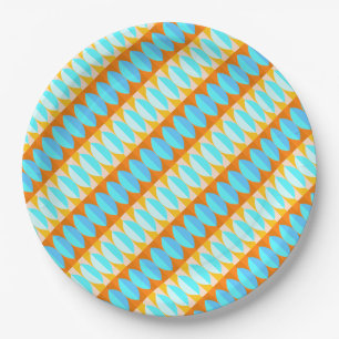 Prato De Papel Padrão Colorido Turquesa Azul Laranja Amarelo