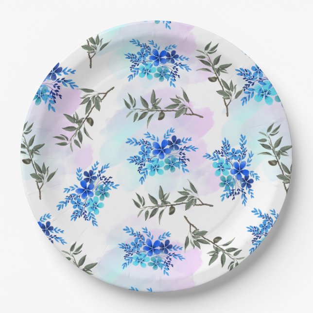 Prato De Papel padrão com buquê azul de flores e folhas (Frente)
