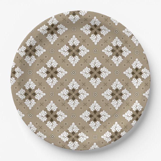 Prato De Papel Padrão contínuo de batik damasco étnico bege (Frente)