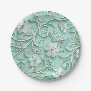 Prato De Papel Padrão contínuo de flor de papel azul-petróleo
