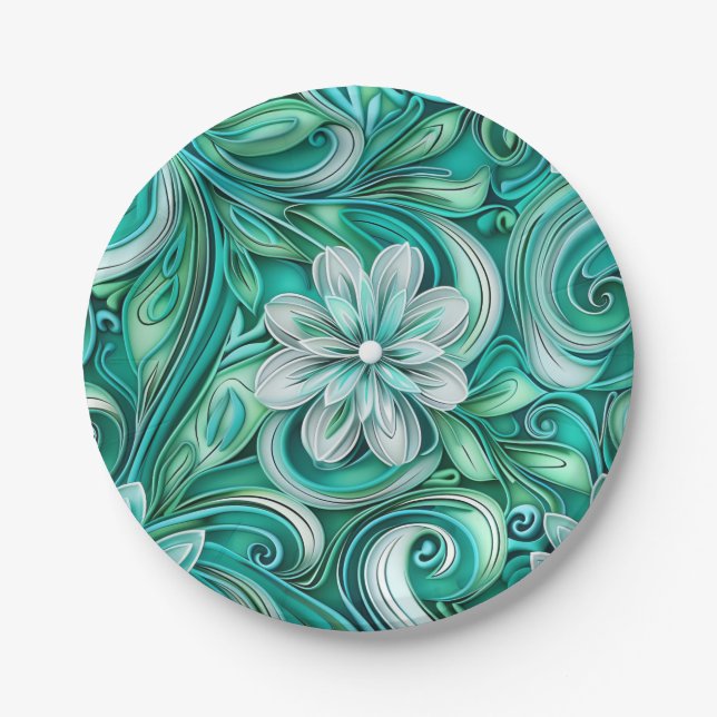 Prato De Papel Padrão contínuo de flor de papel azul-verde (Frente)