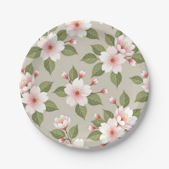 Prato De Papel Padrão contínuo de flores de cerejeira elegantes (Frente)