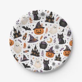 Prato De Papel Padrão contínuo de Halloween fofo com gatos pretos