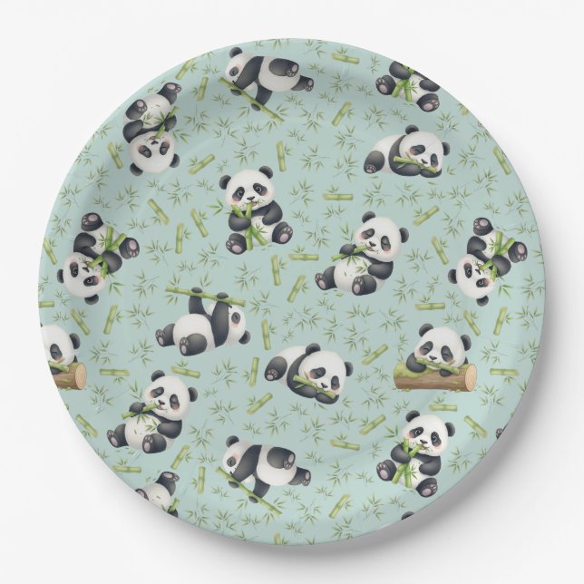 Prato De Papel Padrão contínuo de Panda Fofo e Bambu (Frente)