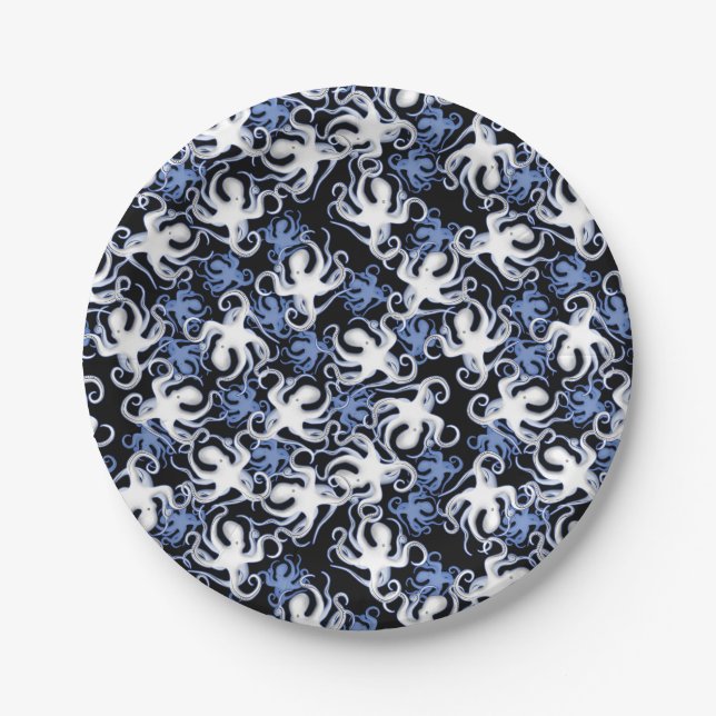 Prato De Papel Padrão contínuo de polvo preto, branco e azul (Frente)