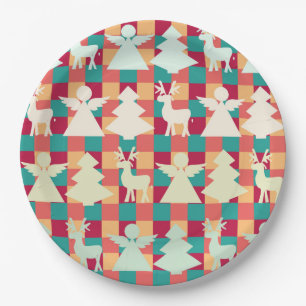 Prato De Papel Padrão controlado com anjos, renas e árvores
