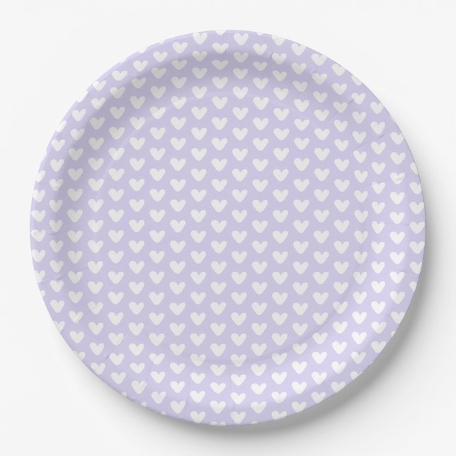 Prato De Papel Padrão Corações Brancos Pequenos Lavanda (Frente)