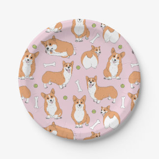 Prato De Papel padrão corgi a rosa