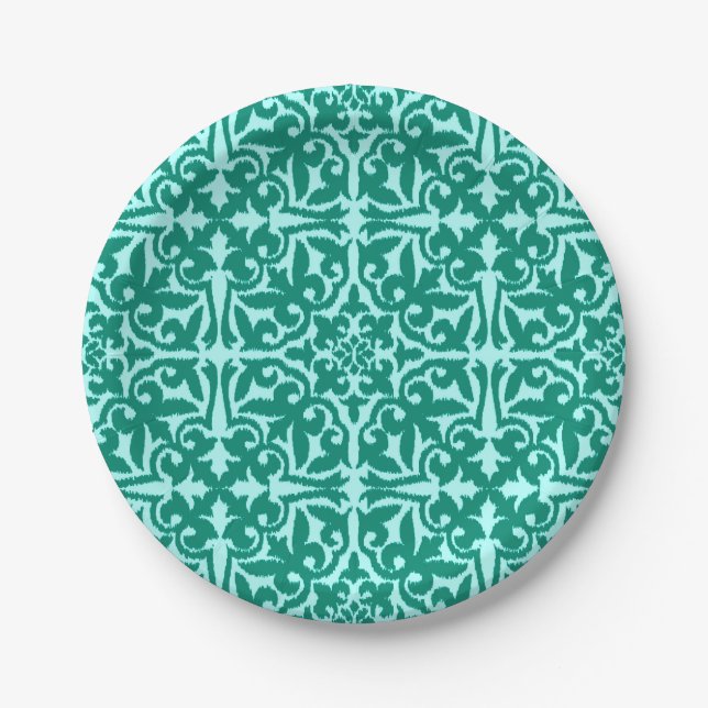 Prato De Papel Padrão damasco Ikat - Turquesa e Água (Frente)