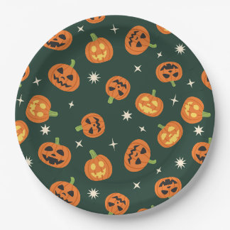 Prato De Papel Padrão de Abóbora de Halloween Espalhada em verde 