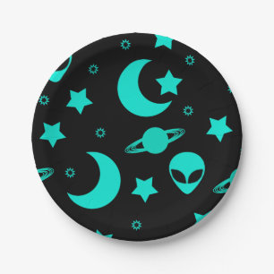 Prato De Papel Padrão de Alien Turquesa com Estrelas e Luas