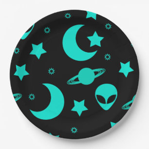 Prato De Papel Padrão de Alien Turquesa com Estrelas e Luas
