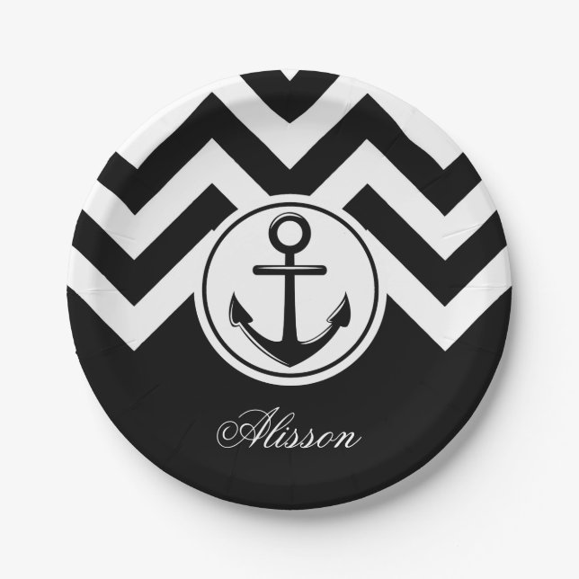 Prato De Papel Padrão de Âncora Preto e Branco (Frente)