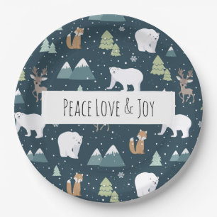 Prato De Papel Padrão de Animais de Natal de Paz e Joy