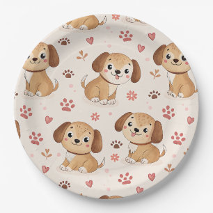 Prato De Papel Padrão de aquarela Coração de Cachorrinho Fofo (1)