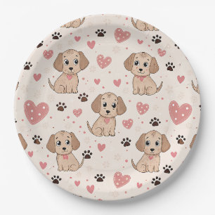 Prato De Papel Padrão de aquarela Corações de Cachorrinho Fofo (4