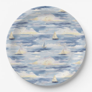 Prato De Papel Padrão de Aquarela de Barcos à Vela Sonhadores (1)