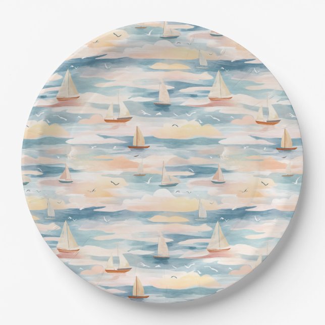 Prato De Papel Padrão de Aquarela de Barcos à Vela Sonhadores no  (Frente)