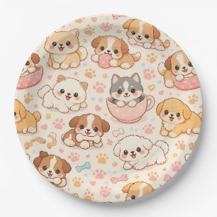 Prato De Papel Padrão de aquarela de corações de cachorrinho fofo