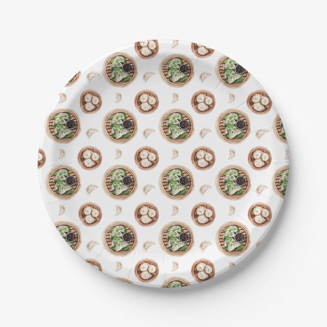 Prato De Papel Padrão de Aquarela Dimsum (Frente)