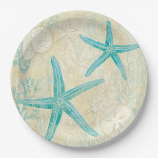 Prato De Papel Padrão de Aquarela Estrela-do-Mar Azul Costeira