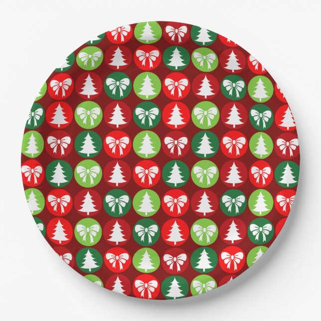 Prato De Papel Padrão de Arcos e Árvores de Natal Retroativas (Frente)