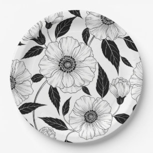 Prato De Papel Padrão de Arte de Linha Floral Preto e Branco Eleg