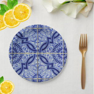 Prato De Papel Padrão de Azulejo Azul e Branco Mediterrâneo