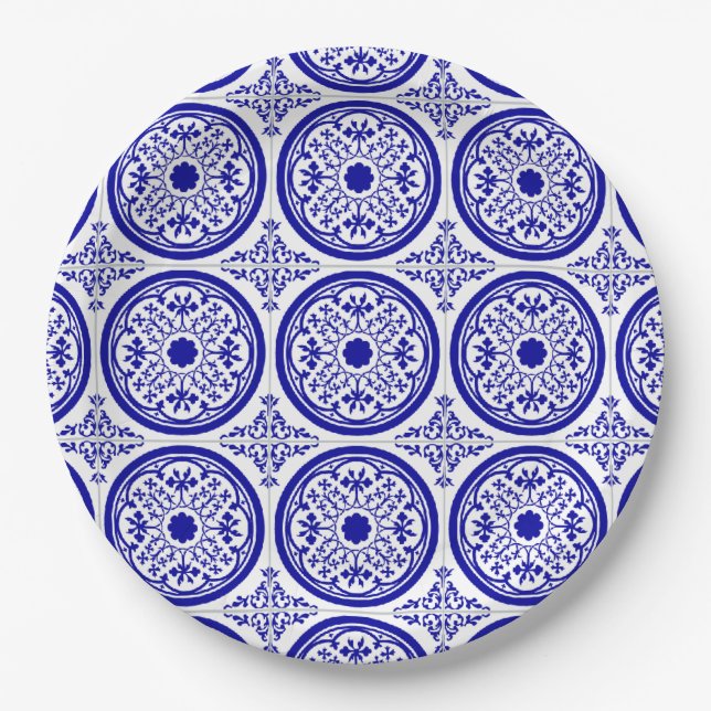 Prato De Papel Padrão de Azulejo Gótico Branco Azul (Frente)