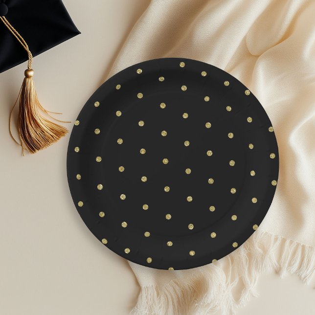 Prato De Papel Padrão de Bolinhas com Brilho Dourado Preto  (Criador carregado)