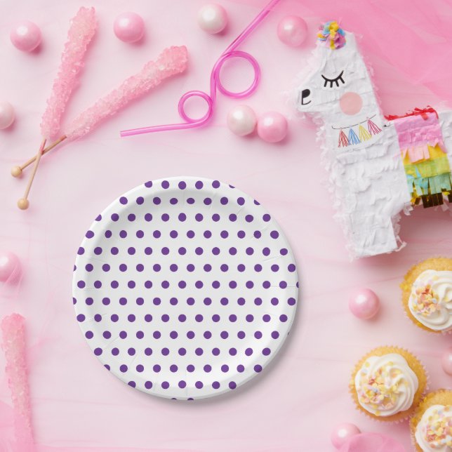 Prato De Papel Padrão de Bolinhas Roxo Lavanda em Branco (Festa)