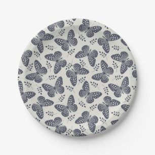 Prato De Papel Padrão de borboleta azul-escura nas cinzas