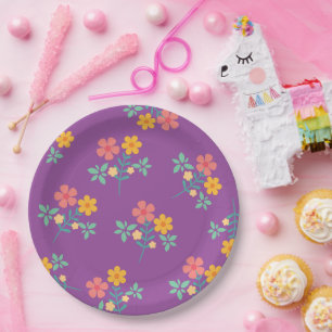 Prato De Papel Padrão de Buquê de margarida retrô em roxo