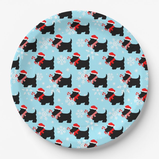 Prato De Papel Padrão de Cachorros Scottie de Natal (Frente)