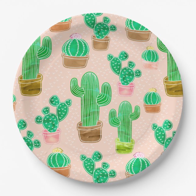 Prato De Papel Padrão De Cactus Potente Desenhado À Mão (Frente)