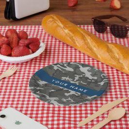 Prato De Papel Padrão de Camuflagem Cinza, Seu nome, Personalizar
