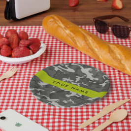 Prato De Papel Padrão de Camuflagem Cinza, Seu nome, Personalize