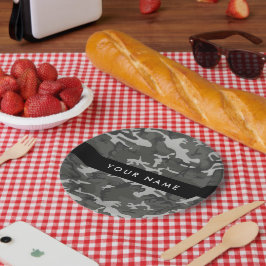 Prato De Papel Padrão de Camuflagem Cinza, Seu nome, Personalize