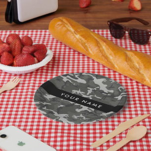 Prato De Papel Padrão de Camuflagem Cinza, Seu nome, Personalize