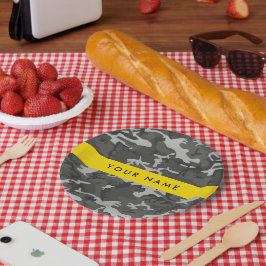 Prato De Papel Padrão de Camuflagem Cinza, Seu nome, Personalize